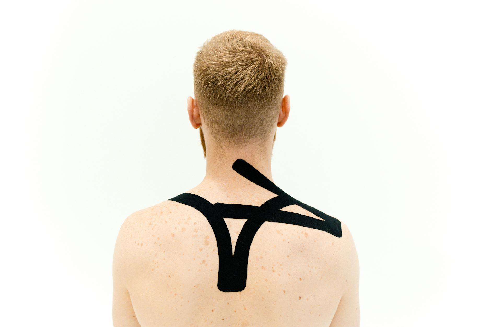 A man with kinesiology tape applied on shoulders. Back view against white background.