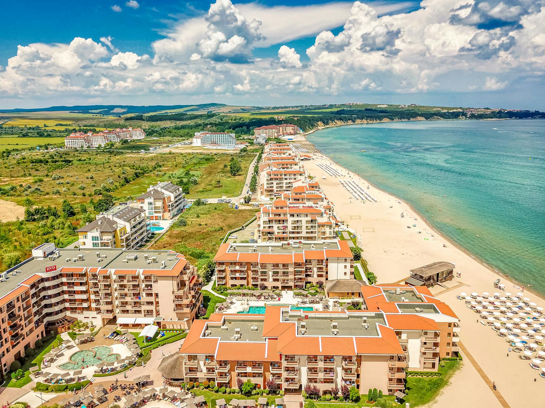 Stunning aerial view of beachside resorts and scenic coastline in Obzor, Bulgaria.
